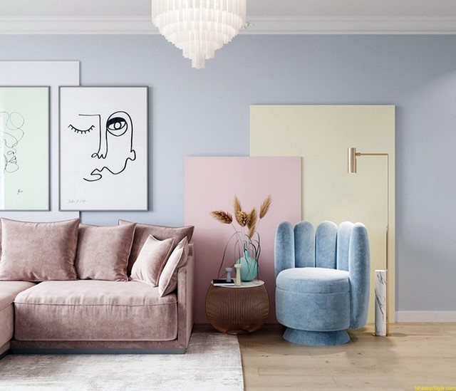 Ý tưởng thiết kế phòng khách sơn màu xanh dương pastel.