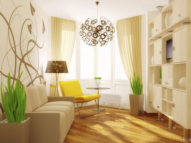 Ý tưởng thiết kế phòng khách sơn màu vàng nắng pastel.