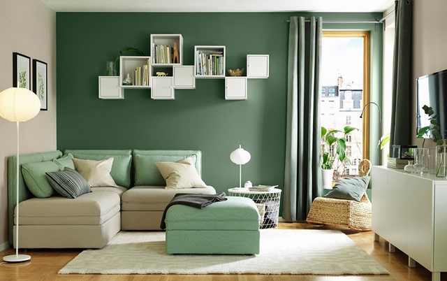 Ý tưởng thiết kế phòng khách sơn màu xanh oliu pastel.
